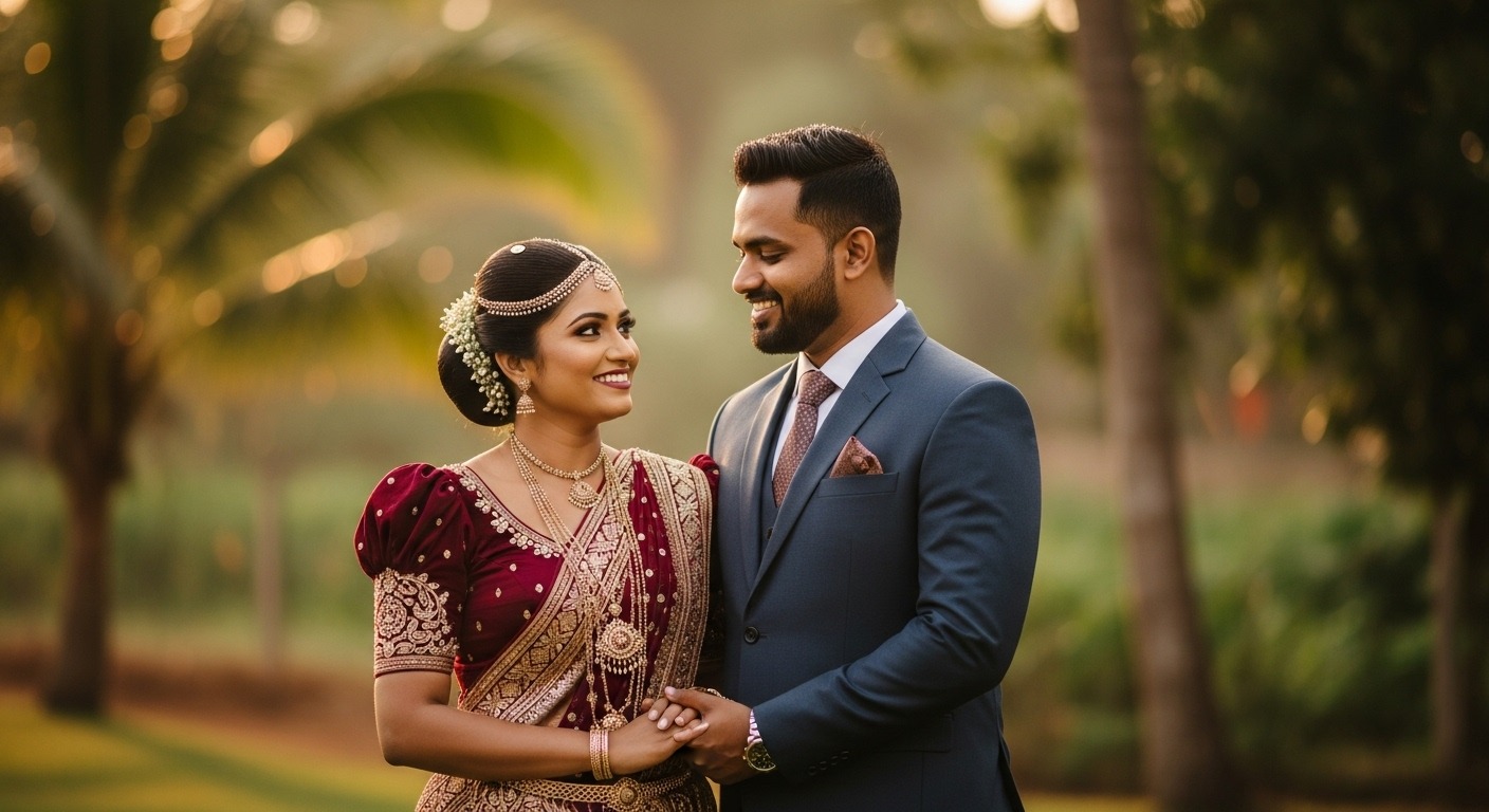 A happy Sri Lankan couple celebrating their engagement